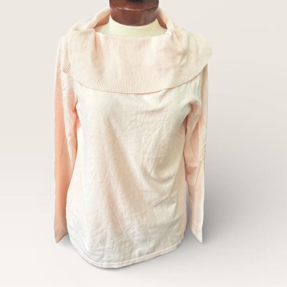 Chicos Size 1 Pink Cowl Neck Knit Stretch Sweater US Sz Medium Blush Soft